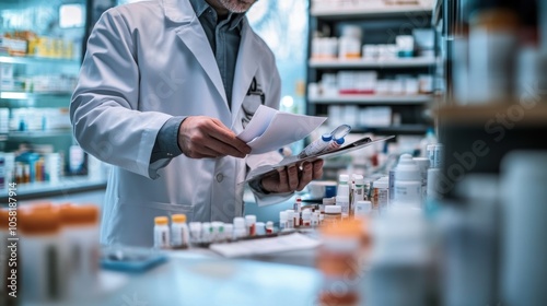 A pharmacist reviewing prescriptions in a well-stocked pharmacy.