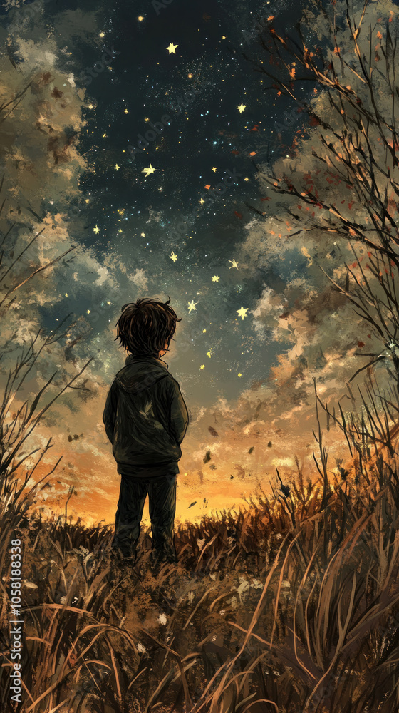 Fototapeta premium A boy stands in a field of tall grass, looking up at the sky. The sky is filled with stars, and the boy appears to be looking at them in wonder. Scene is peaceful and contemplative
