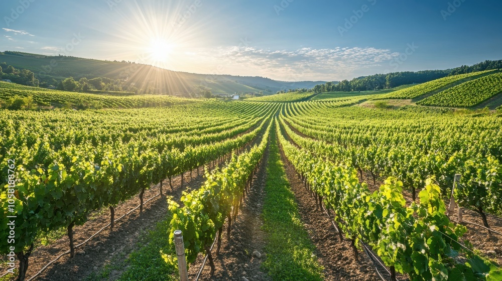 A picturesque vineyard landscape with rows of grapevines A picturesque vineyard landscape with rows of grapevines