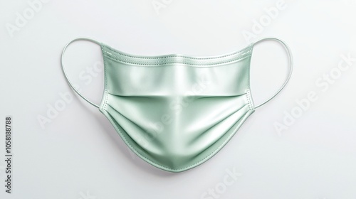 Light green face mask with ear loops spread out symmetrically on a bright white background, emphasizing the simplicity and smooth material photo