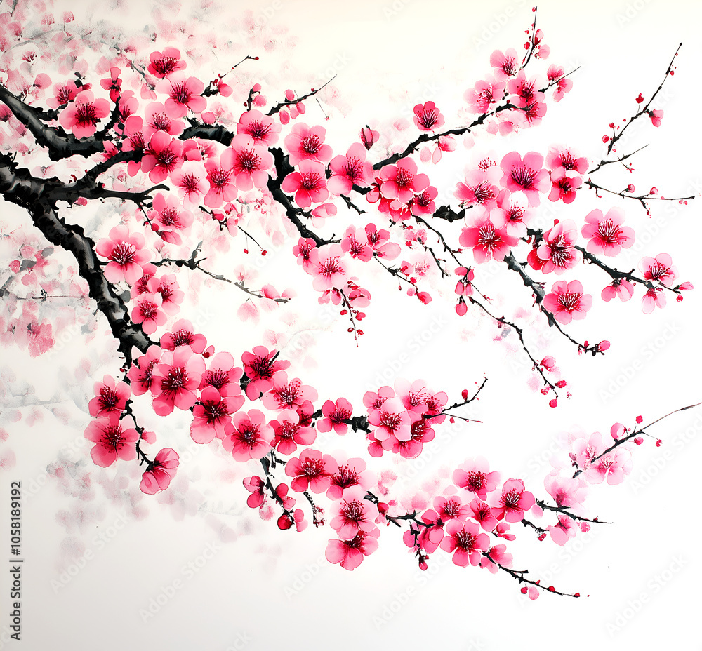 Fototapeta premium Cherry blossom branch, pink flowers, ink painting, white background
