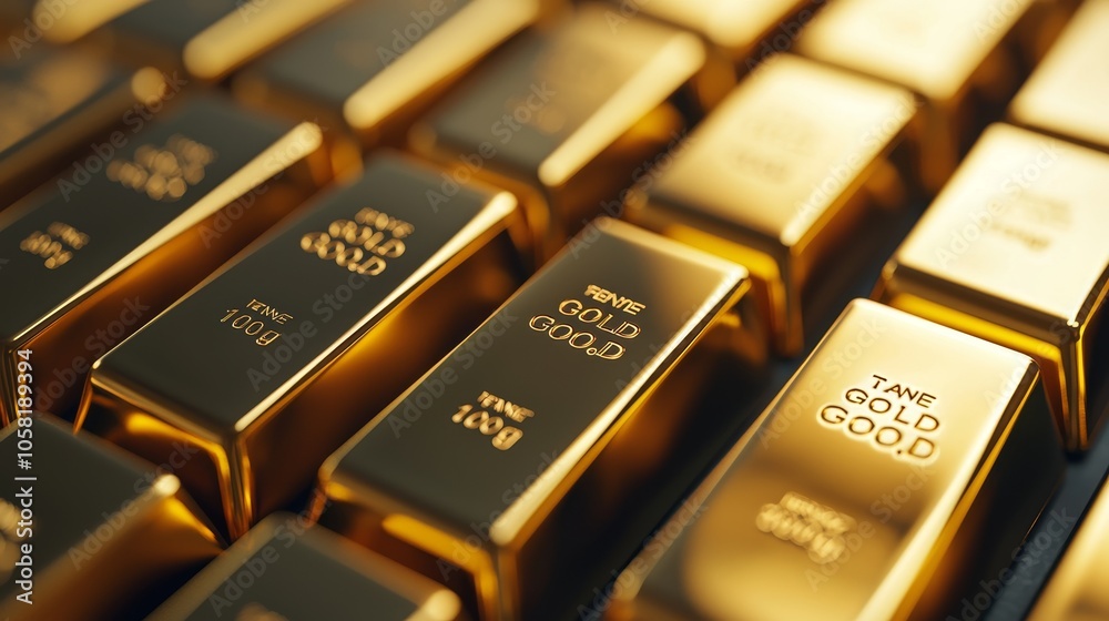 Shiny gold bars laid out in a neat pile, bright white background, high focus, premium investment advertisement concept Shiny gold bars laid out in a neat pile, bright white background, high focus, premium investment advertisement concept