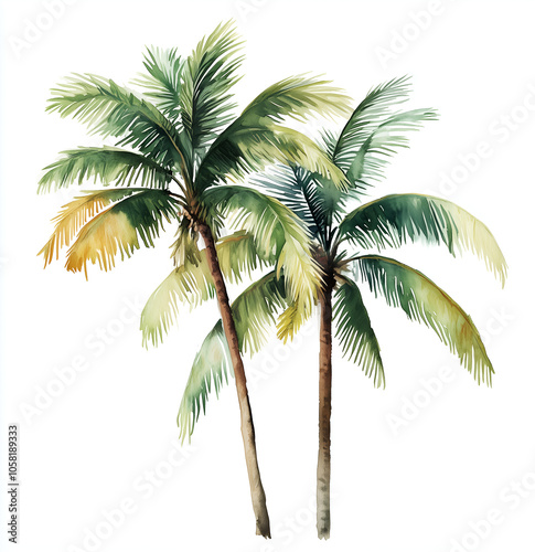 Coconut tree, white background, vintage illustration, flat design style, simple, watercolor, white and green color palette,