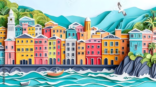 Vibrant Coastal Italian Town with Layered Cliffs and Colorful Architecture   A paper cut style depicting a picturesque Mediterranean village with vibrant buildings layered cliffs