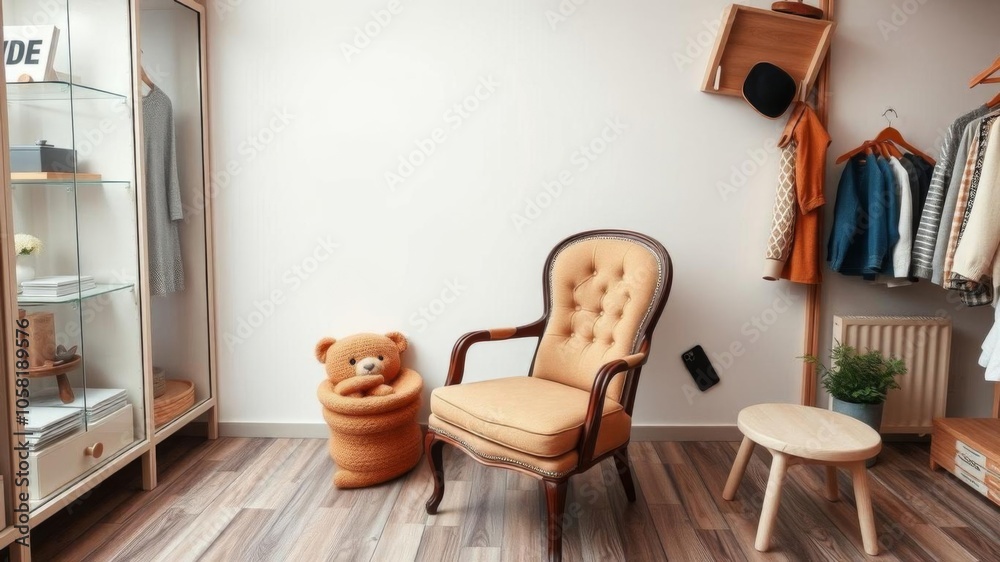 Obraz premium A flatlay phone placed elegantly on a vintage chair, perfect for blogs, online shops, and social media templates, flatlay, blog, template