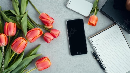 A flatlay composition featuring a mobile phone, daily planner, tulips, roses, and oriental cherry, concept, flatlay, industrial life photo