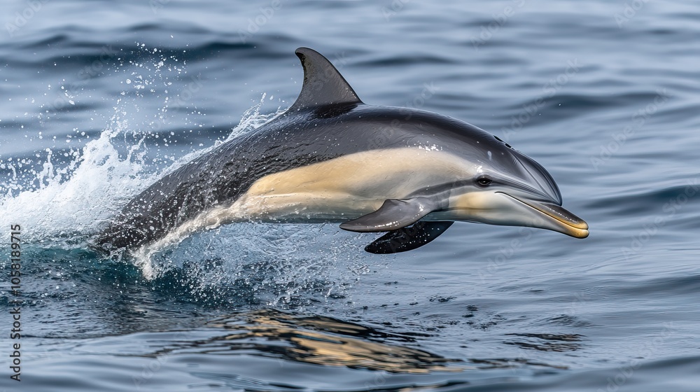 Fototapeta premium A playful dolphin leaping out of the crystal-clear ocean waves under a bright blue sky, with splashes of water glistening in the sunlight
