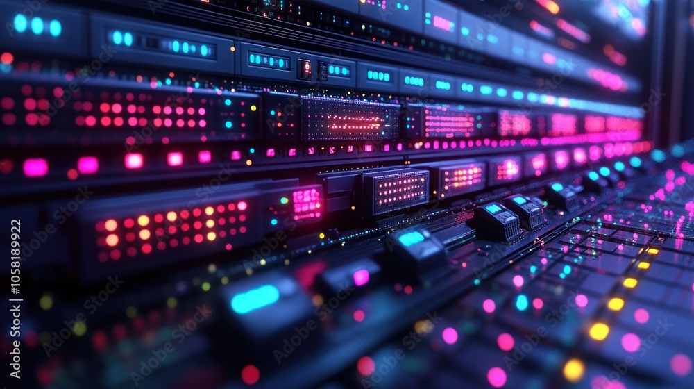 Fototapeta premium Close-up view of illuminated server hardware in a data center.