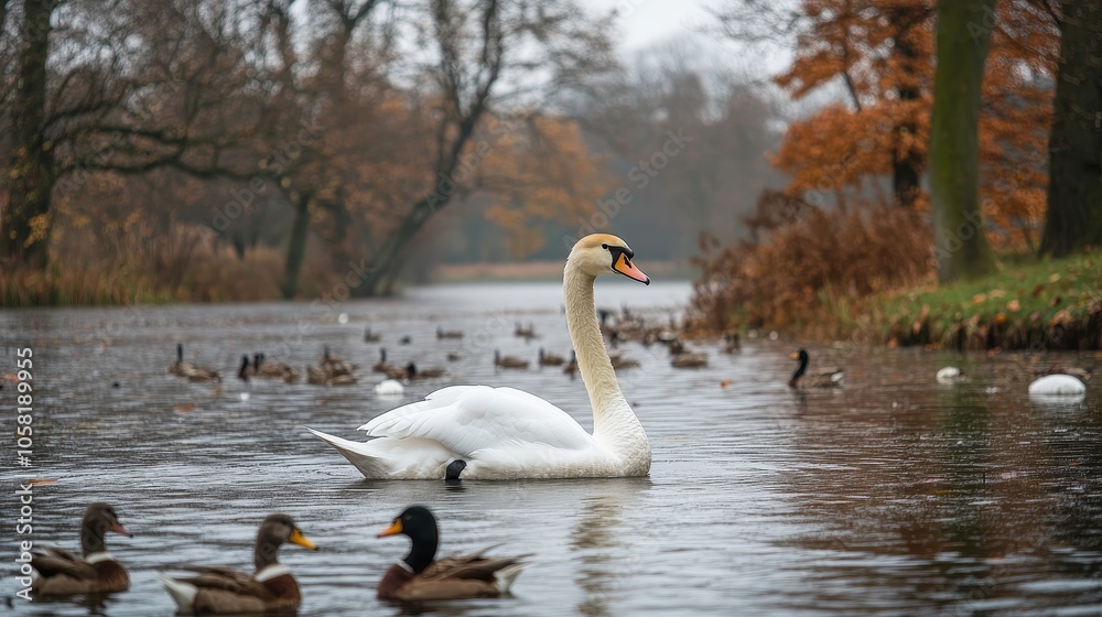 Majestic swan surrounded by ducks in a peaceful pond, its regal presence commanding attention amid the more common wildlife. swan grace, wildlife contrast Majestic swan surrounded by ducks in a peaceful pond, its regal presence commanding attention amid the more common wildlife. swan grace, wildlife contrast