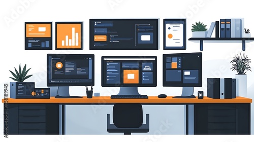 Illustration of a Modern Workplace with Multiple Monitors and a Desk - Digital Illustration