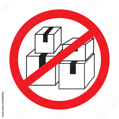 Box restriction icon. No boxes allowed. Red prohibition circle. Black package symbol.