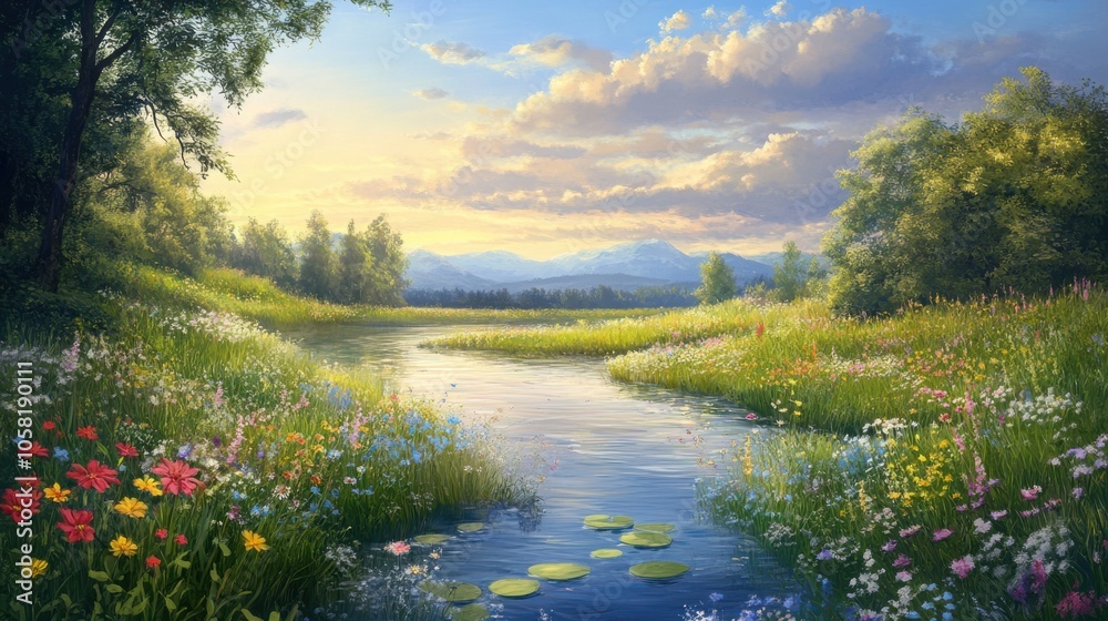 A serene landscape with a calm river winding through A serene landscape with a calm river winding through