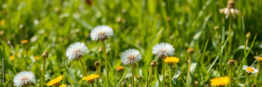 A vibrant spring meadow filled with fluffy white dandelions swaying in the breeze, growth, peaceful, outdoors A vibrant spring meadow filled with fluffy white dandelions swaying in the breeze, growth, peaceful, outdoors