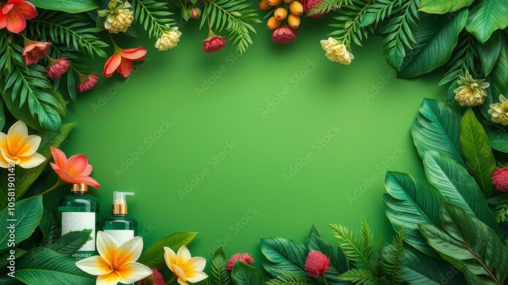 A vibrant summer mockup frame on a lush green background, perfect for showcasing products or designs, botanical, decoration, concept A vibrant summer mockup frame on a lush green background, perfect for showcasing products or designs, botanical, decoration, concept