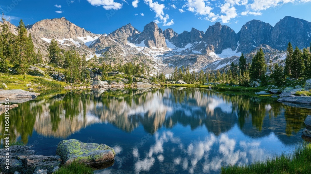 A serene mountain landscape with a crystal-clear lake A serene mountain landscape with a crystal-clear lake