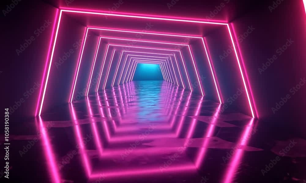 A vibrant neon tunnel with pink lights reflecting on a glossy floor, creating a surreal atmosphere.