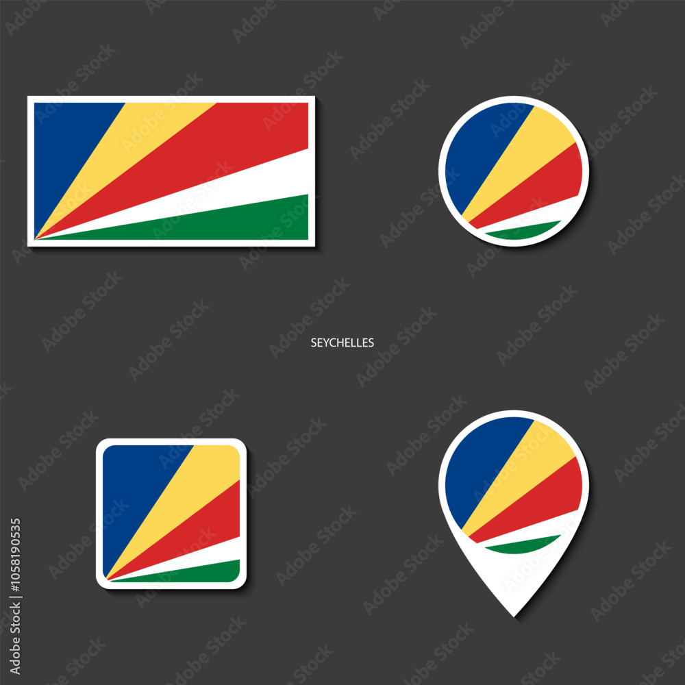 Seychelles flag icon set in different shape (rectangle, circle, square and marker icon) on dark grey background. Seychelles sticker icon collection on barely dark background Seychelles flag icon set in different shape (rectangle, circle, square and marker icon) on dark grey background. Seychelles sticker icon collection on barely dark background