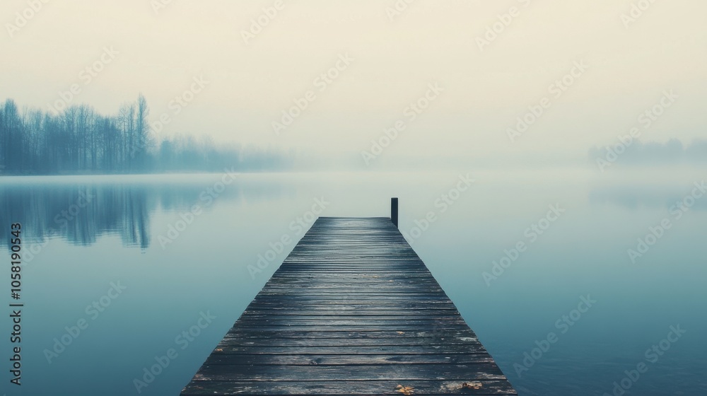 Fototapeta premium A serene view of a calm lake with a wooden pier extending