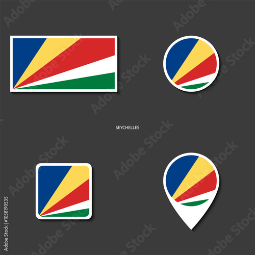 Seychelles flag icon set in different shape (rectangle, circle, square and marker icon) on dark grey background. Seychelles sticker icon collection on barely dark background