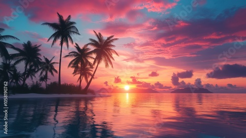 A stunning sunset over a tropical island, with palm trees
