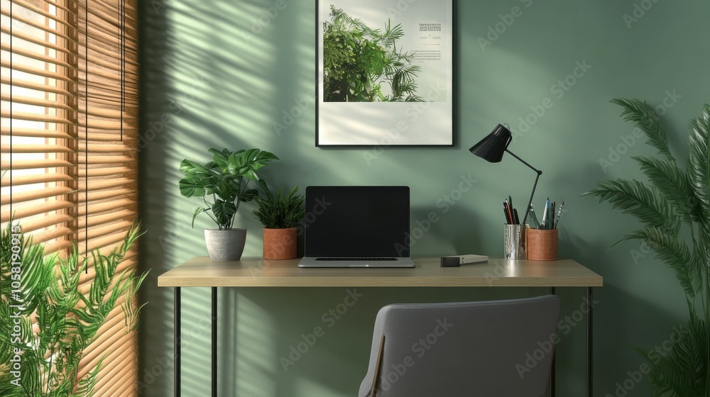 A stylish home office setup with a sleek desk, laptop, A stylish home office setup with a sleek desk, laptop,