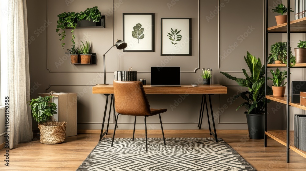 Fototapeta premium A stylish home office setup with a sleek desk, laptop,