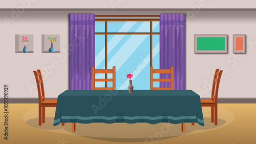 Cartoon illustration of dinning room interior design with dinning table, chair, windows and others interior items vector illustration