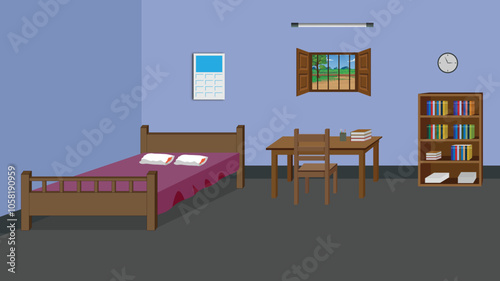 Cartoon bed room interior design with furniture, window and other interior elements vector illustration design