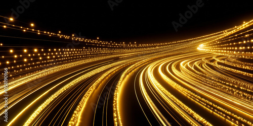 3D abstract curve speed line wave road tunnel with glitter swirl flowing, gold and silver beautiful shiny dots shimmering virtual space cosmetic shiny web technology car road black stunning background