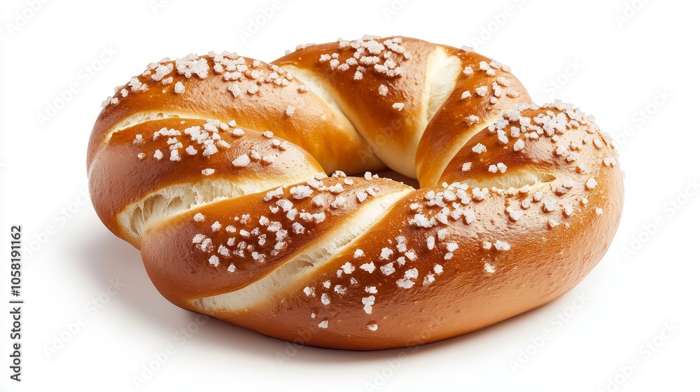 A perfectly golden-brown pretzel with a glossy surface, sprinkled with coarse salt, isolated on a pure white background, soft shadows beneath A perfectly golden-brown pretzel with a glossy surface, sprinkled with coarse salt, isolated on a pure white background, soft shadows beneath