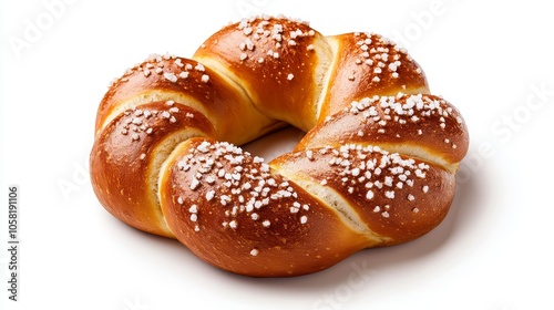 A perfectly golden-brown pretzel with a glossy surface, sprinkled with coarse salt, isolated on a pure white background, soft shadows beneath