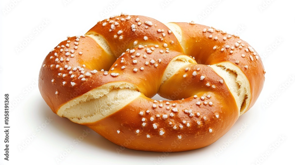 A large soft pretzel, golden and salted, isolated on a bright white background, showing smooth curves and a baked, shiny texture A large soft pretzel, golden and salted, isolated on a bright white background, showing smooth curves and a baked, shiny texture