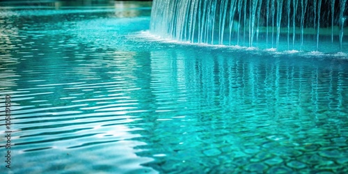 Dripping water creating ripples on the surface of a turquoise pool with a subtle waterfall background, mineral deposits, geological feature