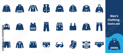 Men’s Clothing editable stroke outline icons set. Overcoat, blazer, shirts, sweater, t-shirts, pant, trousers, hoodie and vest. Vector illustration