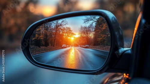 A car's side view mirror reflects a sunset over a road with traffic.