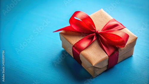 Extreme close-up of gift box tied with red ribbon on blue background