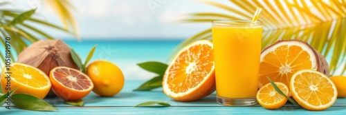 A vibrant yellow summer banner featuring a refreshing glass of orange juice and a tropical coconut, banner, citrus, vivid