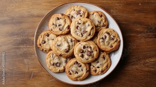 Delicious homemade chocolate chip cookies served on a plate against a rustic wooden background