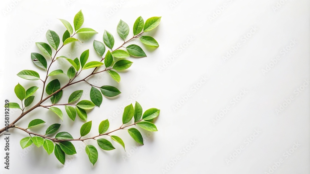 Obraz premium fresh and natural branch with green leaves on a white background aerial view
