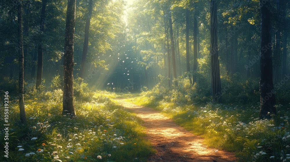 Serene forest path illuminated by soft sunlight and wildflowers. Serene forest path illuminated by soft sunlight and wildflowers.