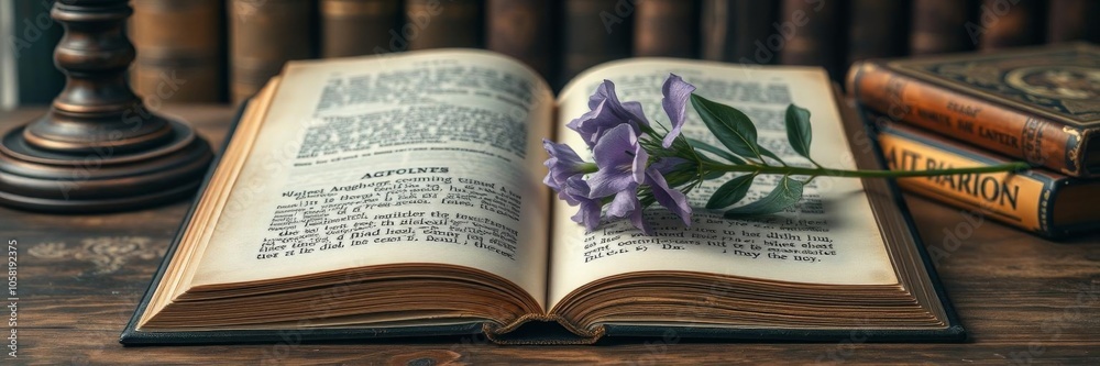 Obraz premium An antique book with delicate pages rests opened on a wooden table, next to a vibrant purple flower, as an artificial intelligence generates new content, open, artificial intelligence, intelligence