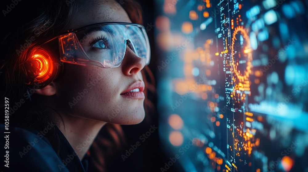 A woman in protective goggles looks intently at a large screen displaying complex digital data, illuminated by glowing orange and blue hues. A woman in protective goggles looks intently at a large screen displaying complex digital data, illuminated by glowing orange and blue hues.
