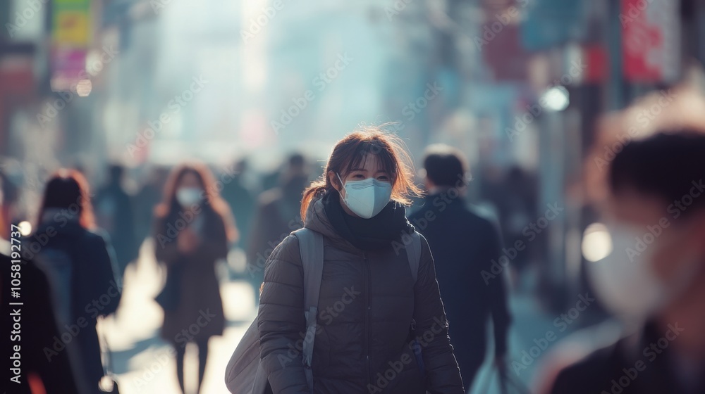 Crowded urban area with pollution and smog, people wearing masks Crowded urban area with pollution and smog, people wearing masks
