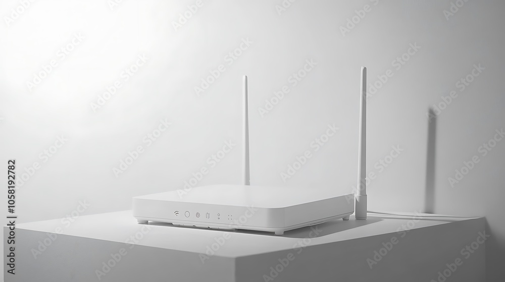 A modern white wireless router placed on a minimalist pedestal against a light background. A modern white wireless router placed on a minimalist pedestal against a light background.