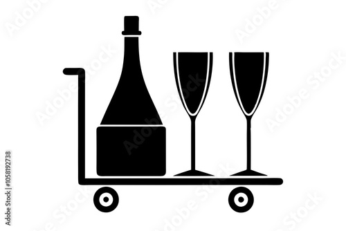 A luxurious, minimalist bar cart vector silhouette showcasing a champagne bottle and a pair of flutes.