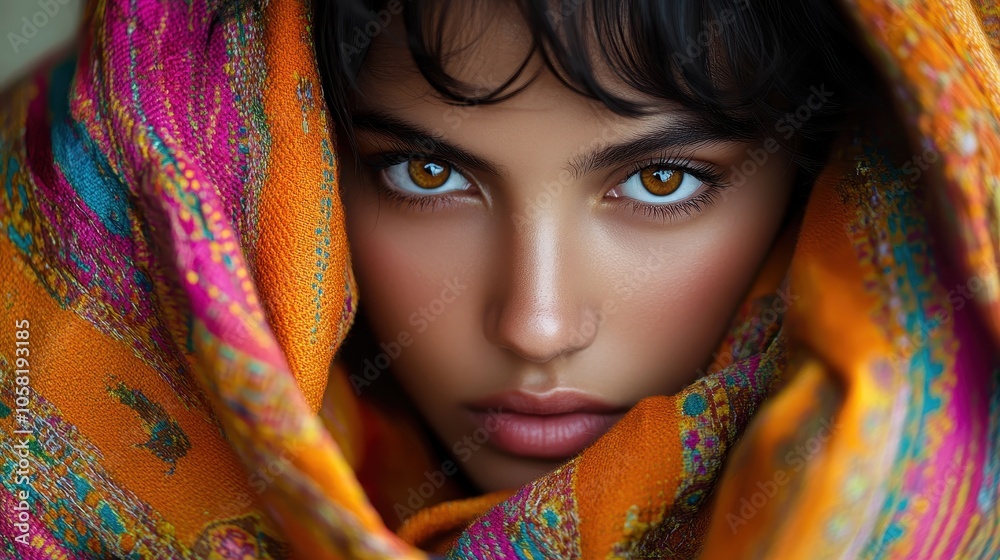 Captivating Portrait of a Woman with Intense Eyes Wrapped in Vibrant Orange and Pink Patterned Fabric Captivating Portrait of a Woman with Intense Eyes Wrapped in Vibrant Orange and Pink Patterned Fabric