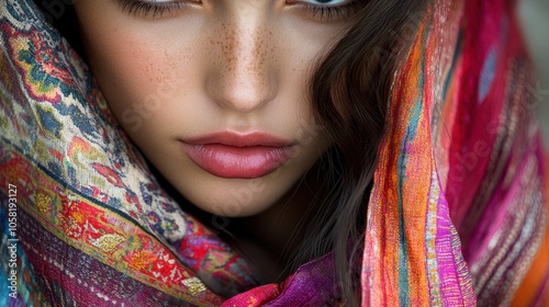 ** Close-Up Portrait of a Woman with Freckles Wrapped in Colorful Fabric Showcasing Vibrant Textures and Intricate Patterns..**