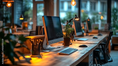 Wallpaper Mural Modern Office Workspace with iMac, Keyboard, and Plant on Wooden Desk - Photo Torontodigital.ca
