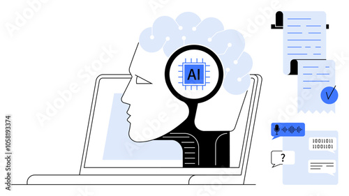 Laptop with a human face side profile featuring AI, binary code, speech recognition icons and documents. Ideal for AI, technology, innovation, digital transformation, machine learning, data analysis