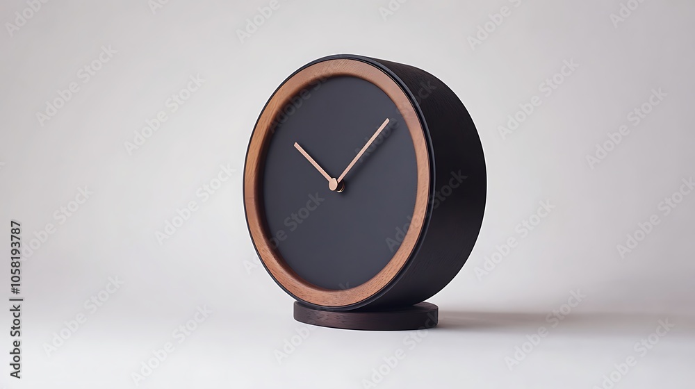A modern, minimalist clock with a round design and wooden accents, serving as a stylish timepiece. A modern, minimalist clock with a round design and wooden accents, serving as a stylish timepiece.